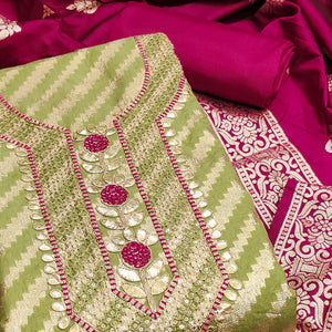 Green Woven With Sequins Embroidery & Gota Patti Work Banarasi Silk Dress Material