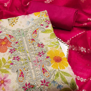 Chikoo Shimmer Silk Dress Material With Floral Digital Print & Sequins Embroidery