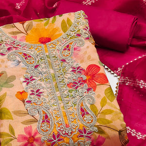 Light Orange Shimmer Silk Dress Material With Floral Digital Print & Sequins Embroidery