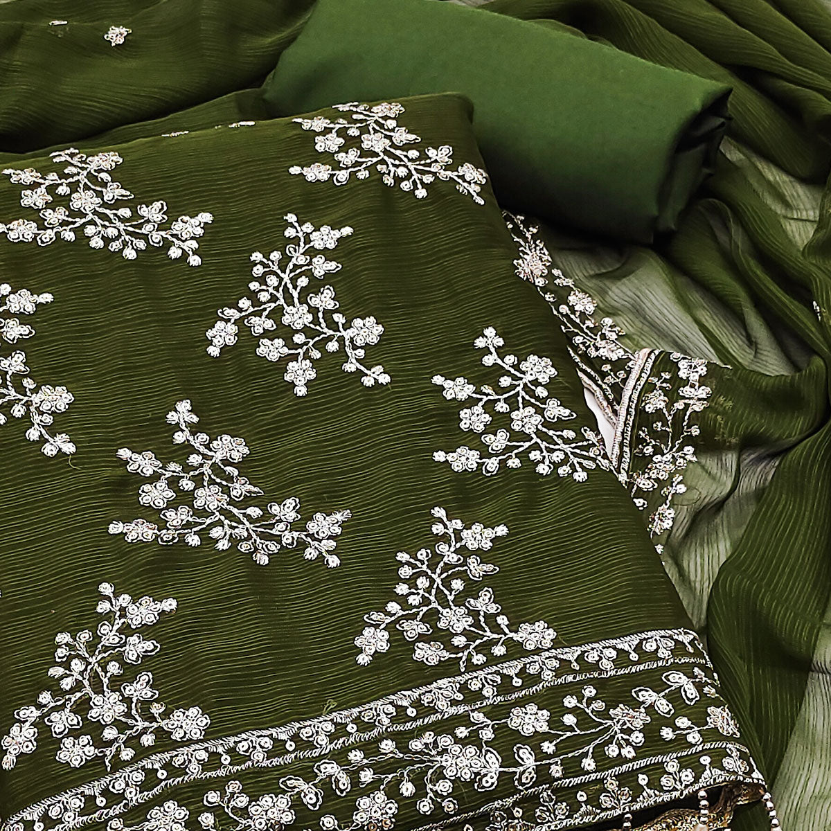 Green Zomato Art Silk Dress Material Adorned With Floral Sequins Embroidery