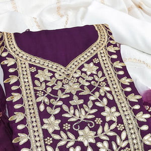 Wine Vichitra Silk Dress Material With Exquisite Floral Embroidery & Gota Patti Accents