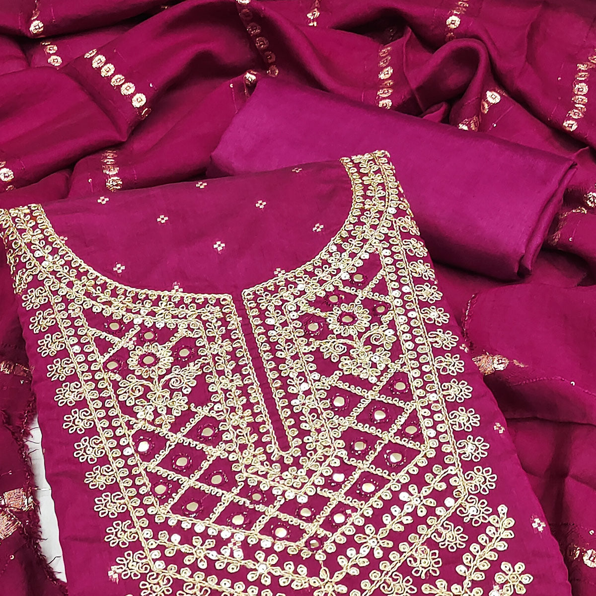 Rani Pink Chanderi Silk Dress Material With Intricate Floral Sequins Embroidery & Butti Work