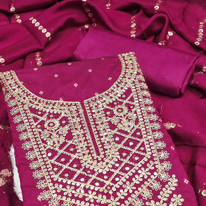 Rani Pink Chanderi Silk Dress Material With Intricate Floral Sequins Embroidery & Butti Work