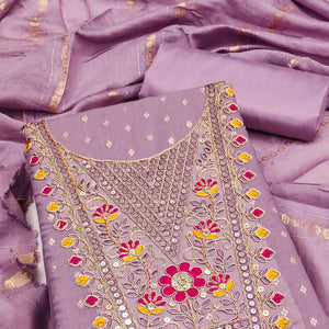 Lavender Chanderi Silk Dress Material With Delicate Floral Sequins Embroidery & Butti Work