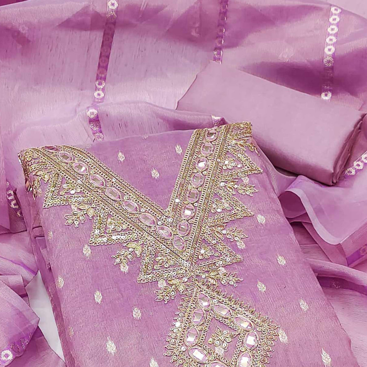 Lavender Jacquard Dress Material with Zari Weaving and Sequin Accents