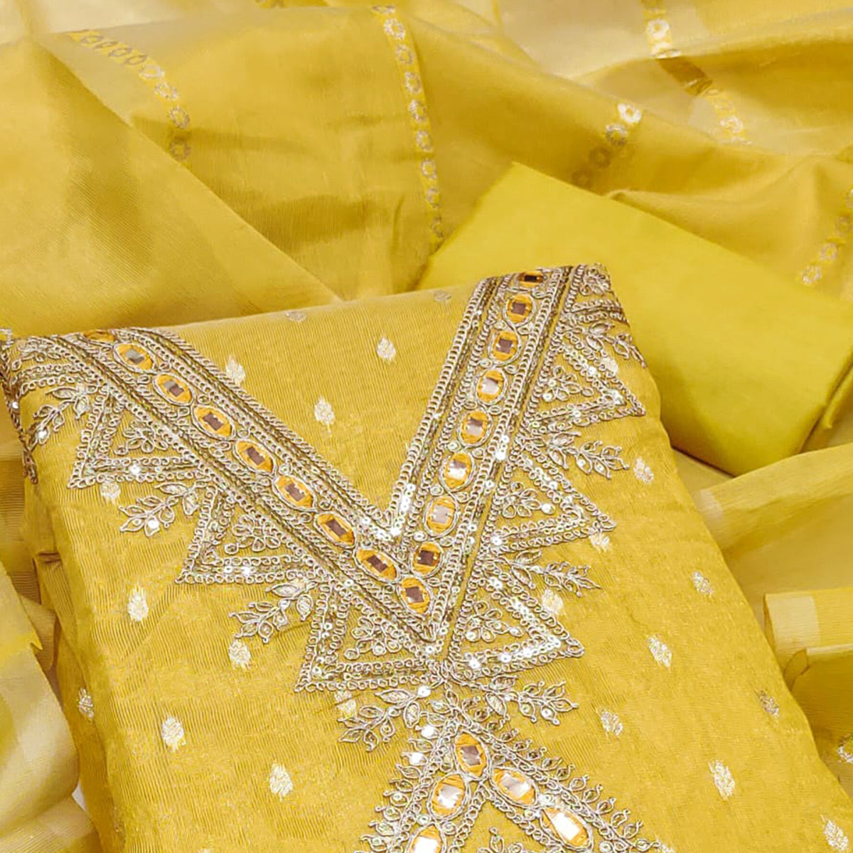 Yellow Jacquard Dress Material with Zari Weaving and Sequin Accents