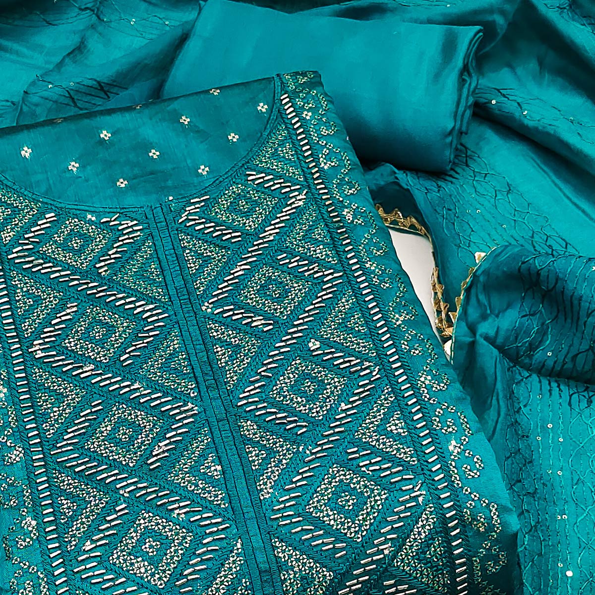 Dark Teal Shimmer Dress Material Featuring Zari Weaving & Beads Work