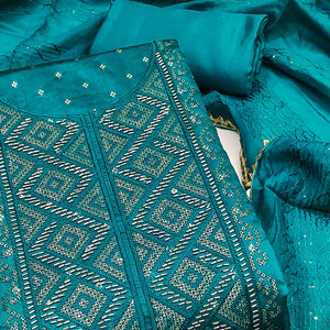 Dark Teal Shimmer Dress Material Featuring Zari Weaving & Beads Work