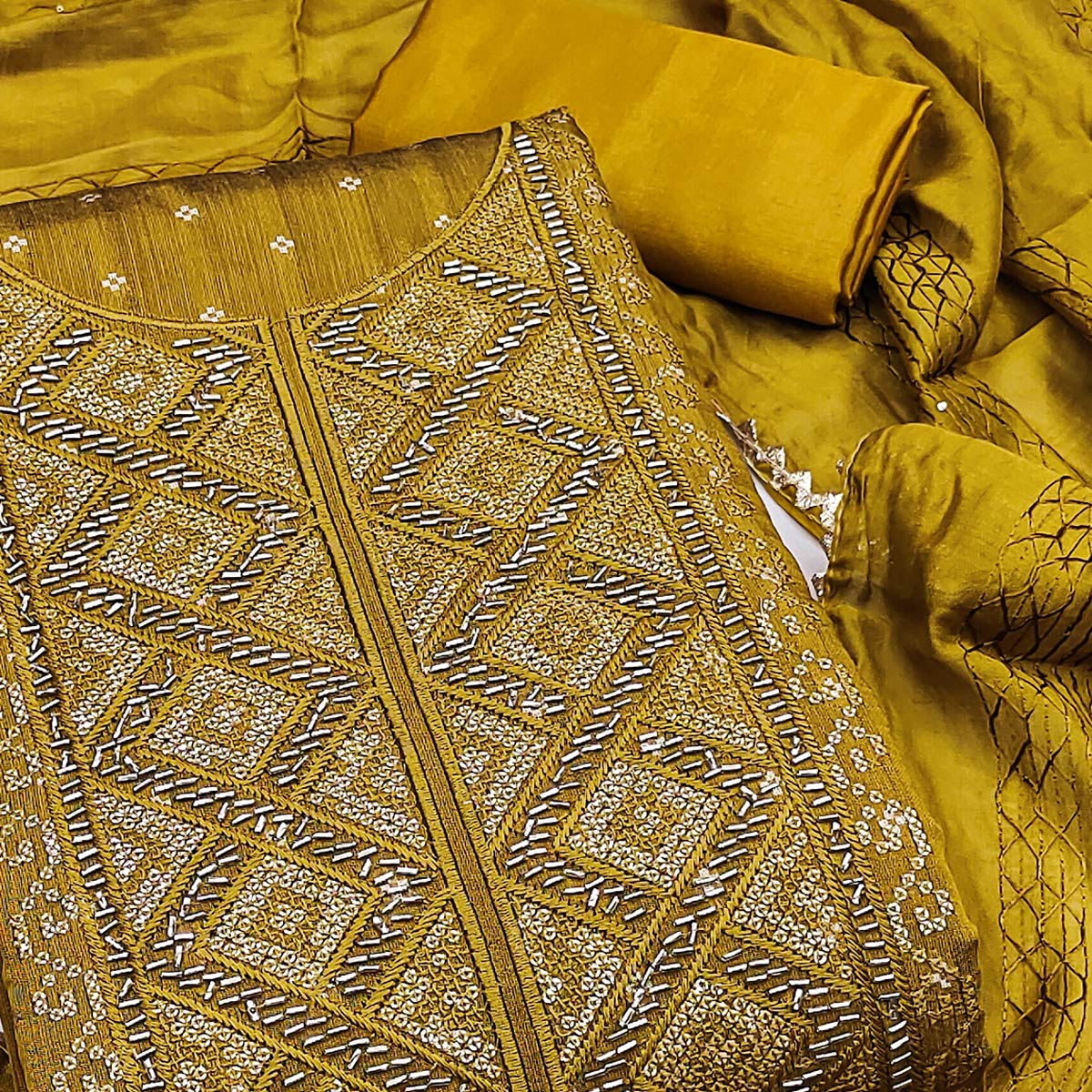 Mustard Shimmer Dress Material Featuring Zari Weaving & Beads Work