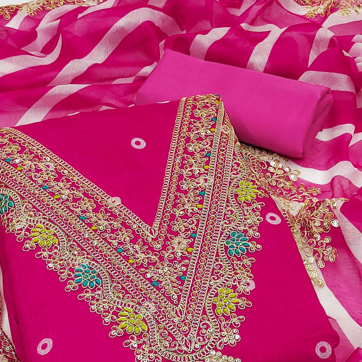Rani Pink Printed Dress Material In Chanderi Silk with Intricate Cording & Sequin Work