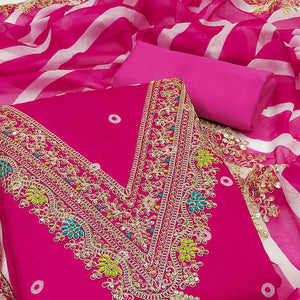 Rani Pink Printed Dress Material In Chanderi Silk with Intricate Cording & Sequin Work