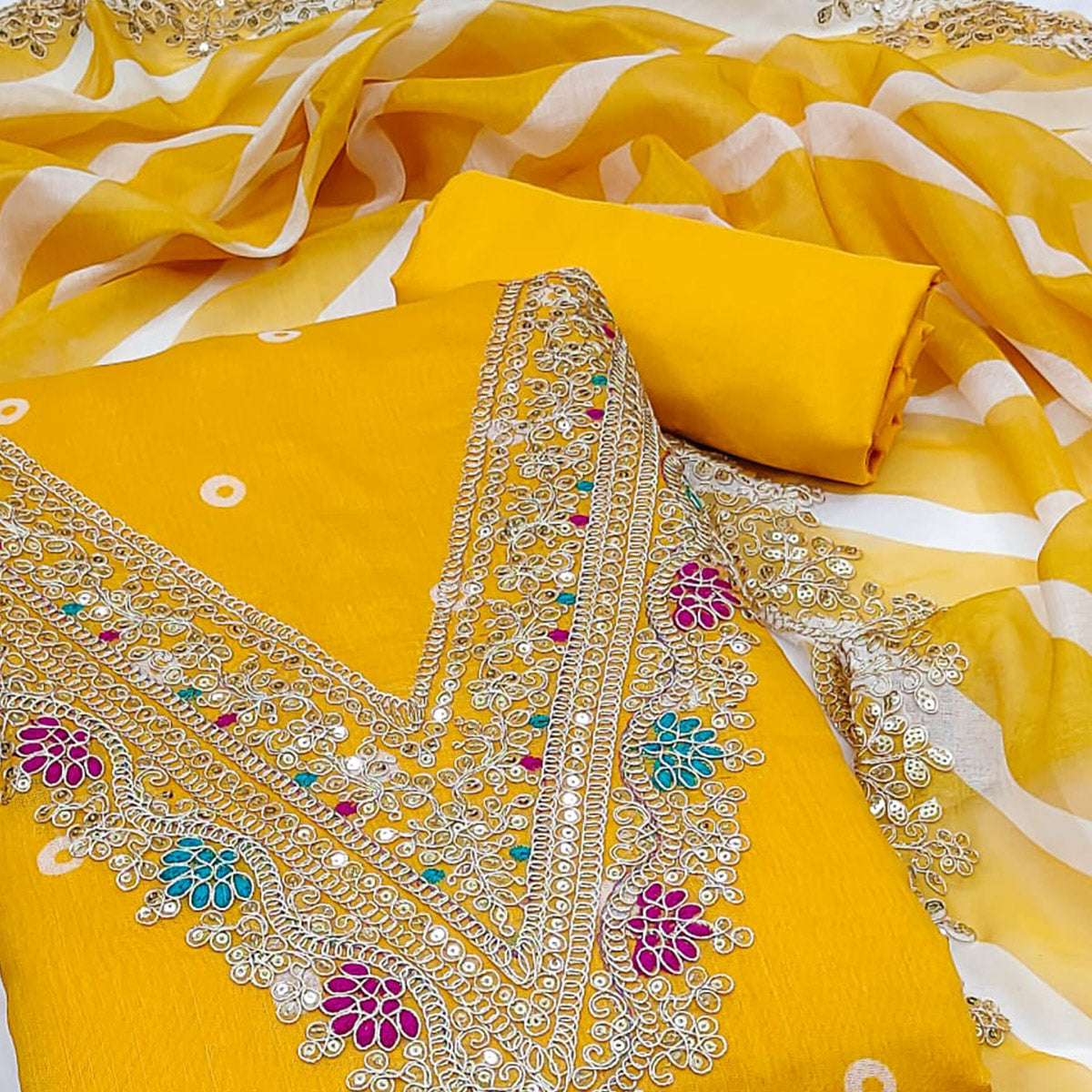 Yellow Printed Dress Material In Chanderi Silk with Intricate Cording & Sequin Work