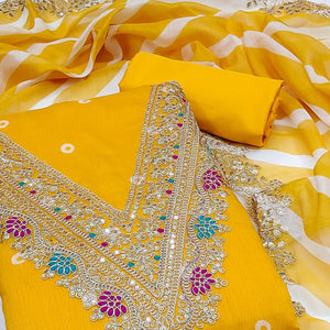 Yellow Printed Dress Material In Chanderi Silk with Intricate Cording & Sequin Work
