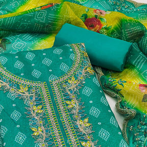 Rama Green Bandhani Printed Chanderi Silk Dress Material With Sequin & Cording Embroidery