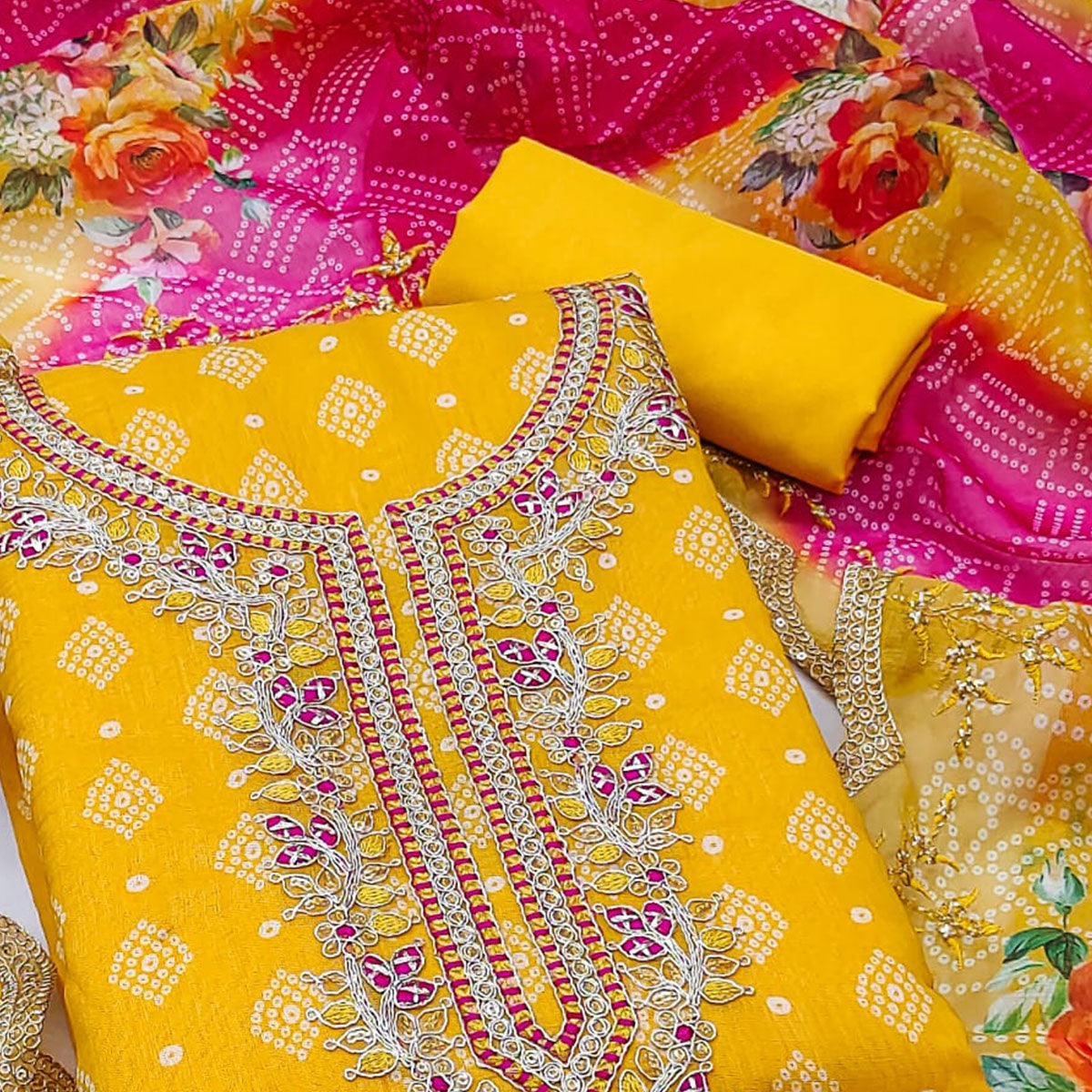 Yellow Bandhani Printed Chanderi Silk Dress Material With Sequin & Cording Embroidery