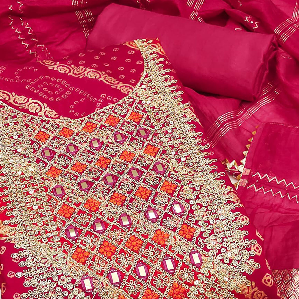Rani Pink Bandhani Print On Roman Chanderi Silk With Cording & Sequins Work Dress Material