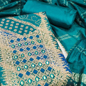 Teal Bandhani Print On Roman Chanderi Silk With Cording & Sequins Work Dress Material