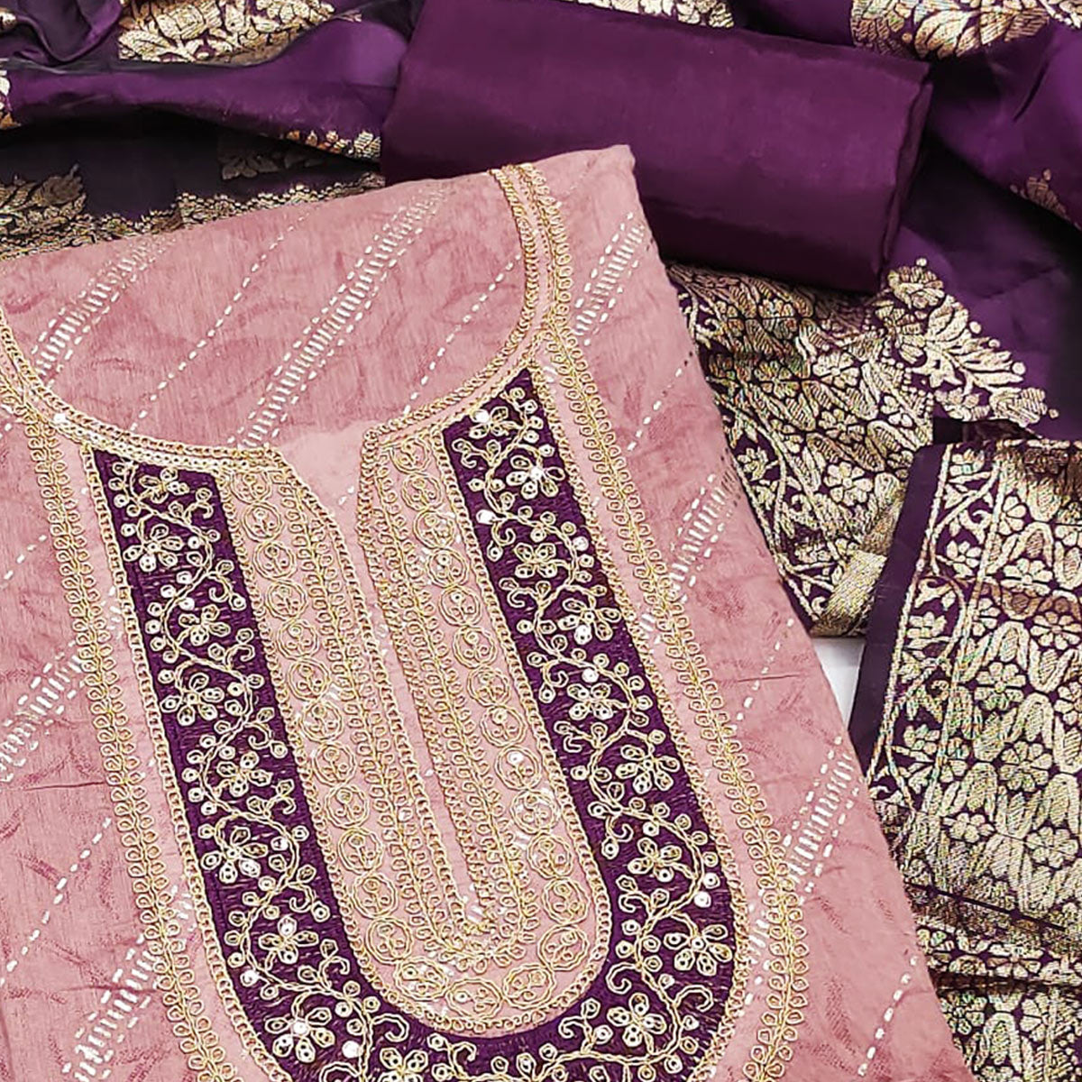 Pink Floral Printed Chanderi Silk Dress Material Embellished With Sequins & Cording