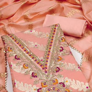Peach Jacquard Dress Material with Shimmering Zari Weave in Traditional Banarasi Style