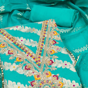 Turquoise Jacquard Dress Material with Shimmering Zari Weave in Traditional Banarasi Style