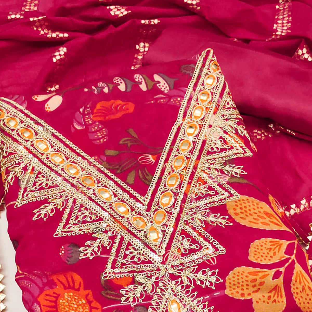 Pink Dress Fabric in Chanderi Silk Blended with Floral Patterns and Delicate Thread Work
