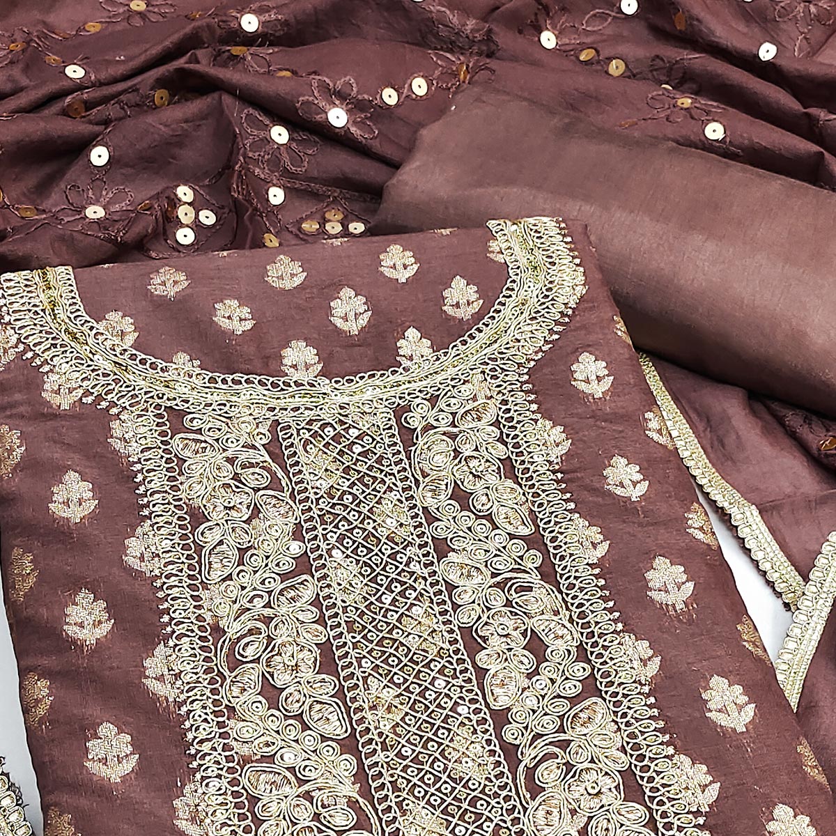 Brown Chanderi Cotton Fabric with Elegant Butti Zari Weaving for a Festive Yet Soft Look