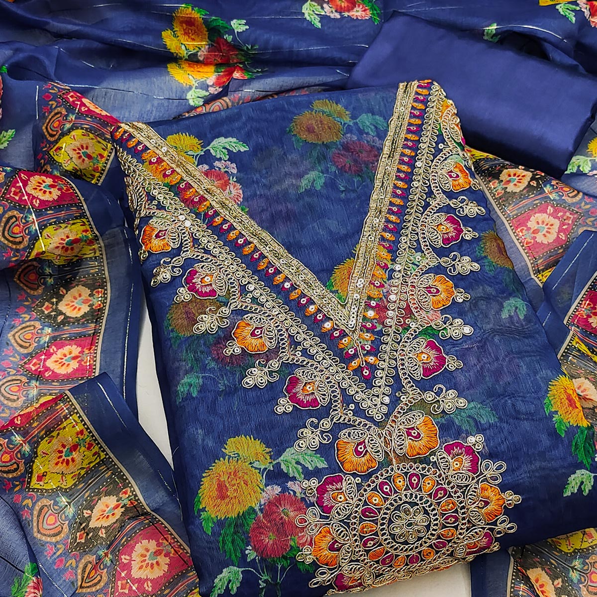 Blue Floral Digital Print Dress Material With Sequins & Cording Embroidery On Chanderi Silk