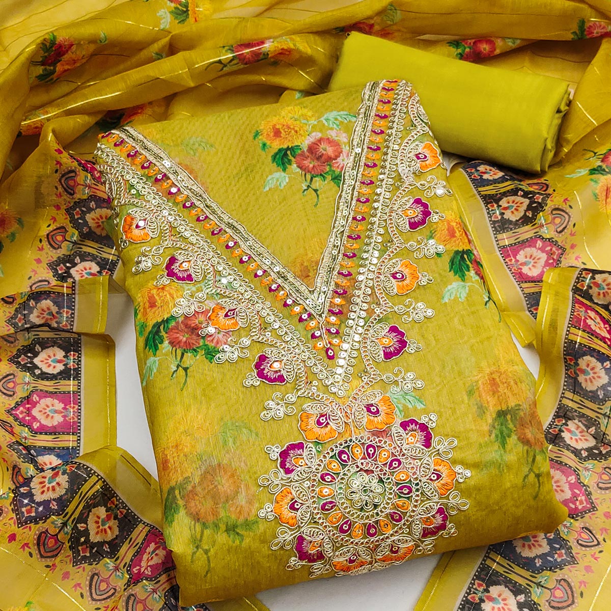 Mustard Floral Digital Print Dress Material With Sequins & Cording Embroidery On Chanderi Silk
