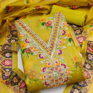 Mustard Floral Digital Print Dress Material With Sequins & Cording Embroidery On Chanderi Silk