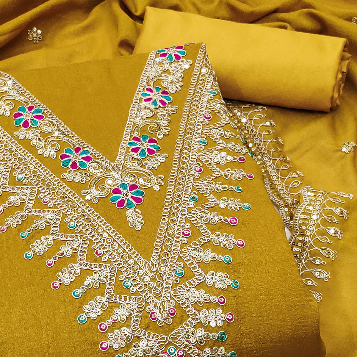 Mustard Floral Printed Vichitra Silk Dress Material With Sequins & Cording Work