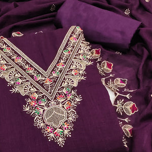 Wine Floral Vichitra Silk Dress Material With Elegant Zari Embroidery