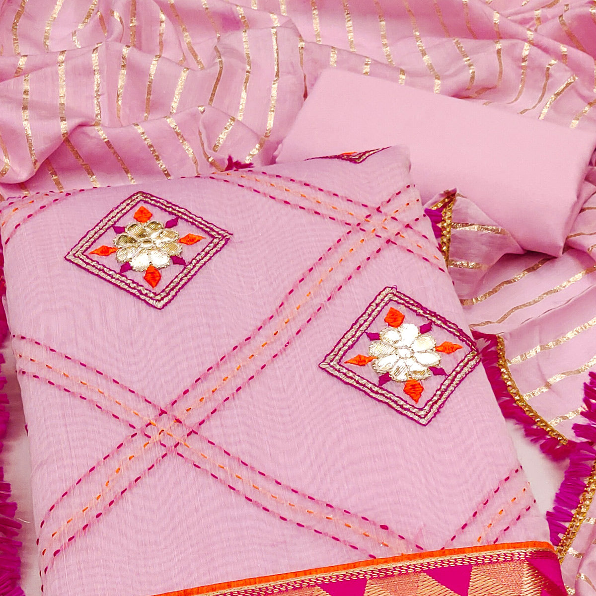 Pink Chanderi Dress Material Featuring Gota Patti Work & Delicate Floral Embroidery