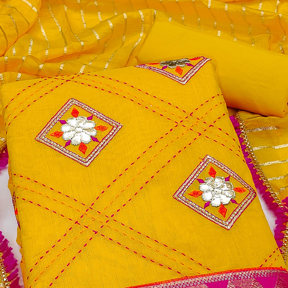 Yellow Chanderi Dress Material Featuring Gota Patti Work & Delicate Floral Embroidery