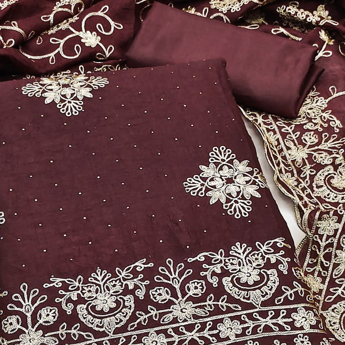 Brown Floral Zari Embroidery With Swarovski Work Vichitra Silk Dress Material
