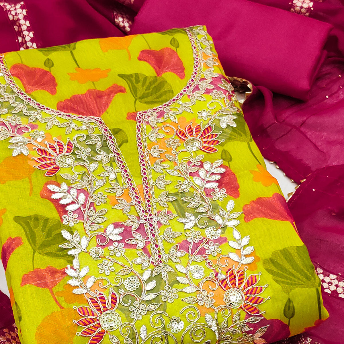 Green Floral Printed With Sequins & Cording Embroidery Chanderi Silk Dress Material