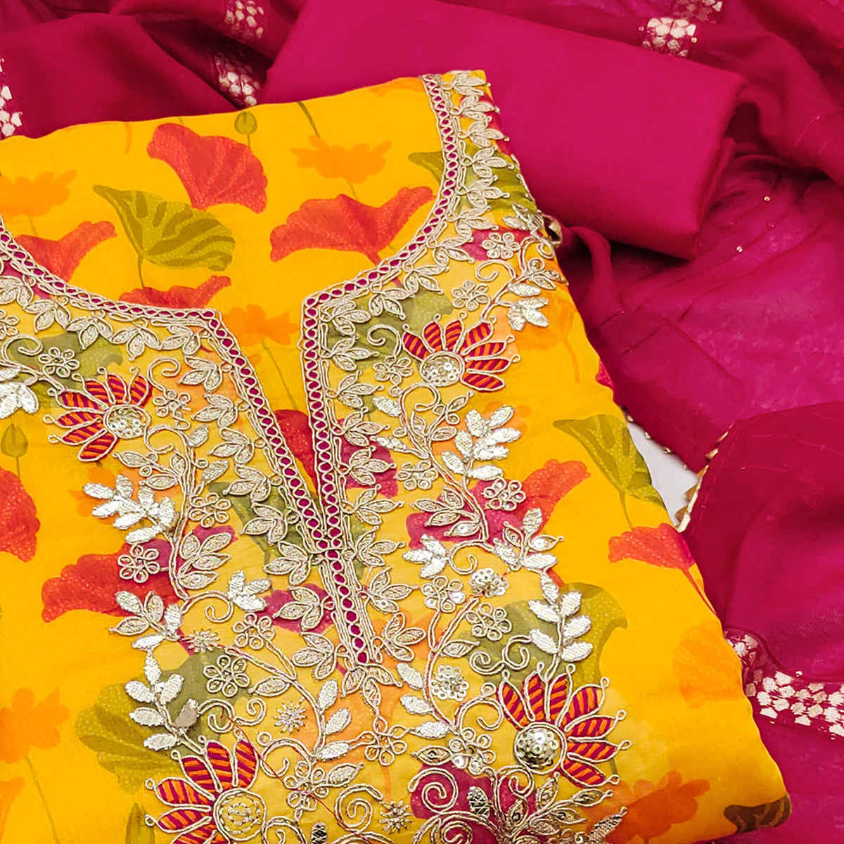 Yellow Floral Printed With Sequins & Cording Embroidery Chanderi Silk Dress Material