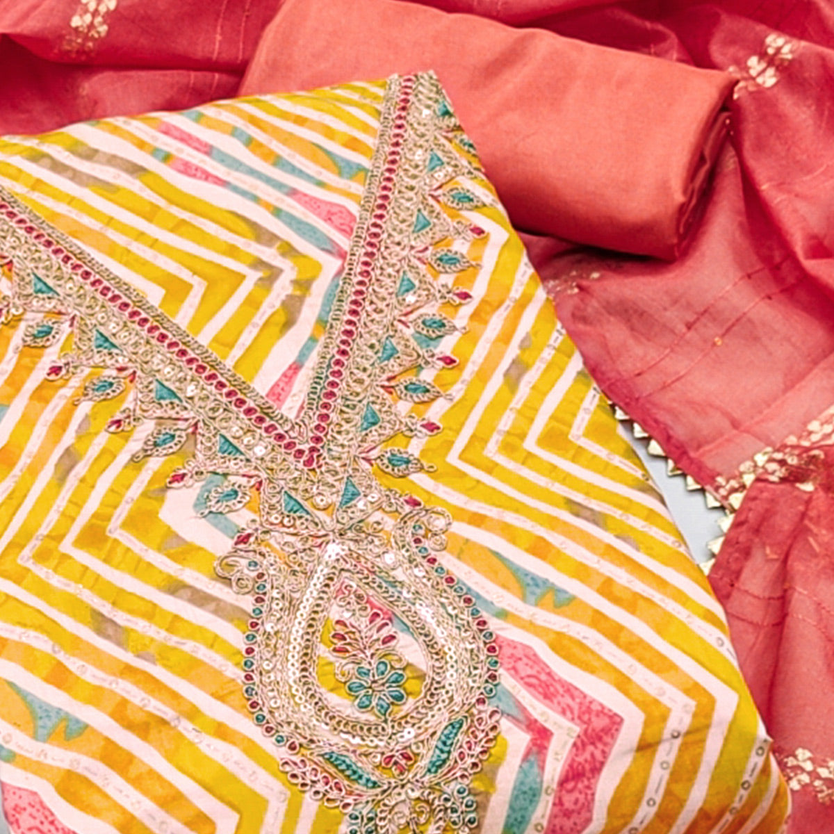 Yellow Zig Zag Printed With Sequins & Cording Embroidery Chanderi Silk Dress Material