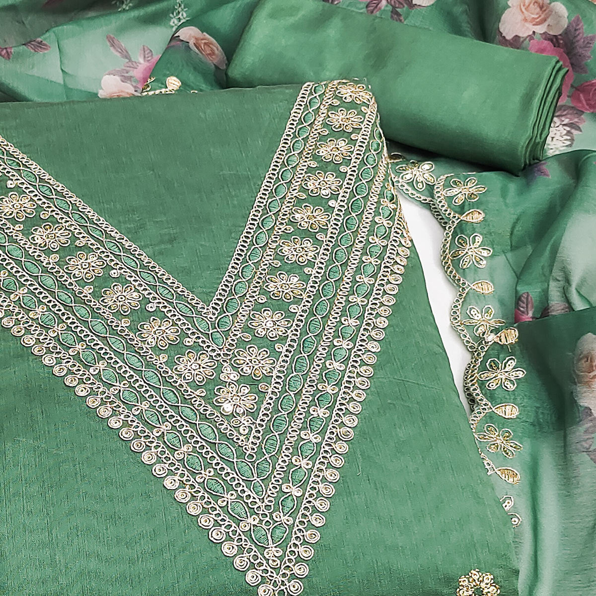 Green Floral Cording Embroidery With Sequins Work Chanderi Silk Dress Material