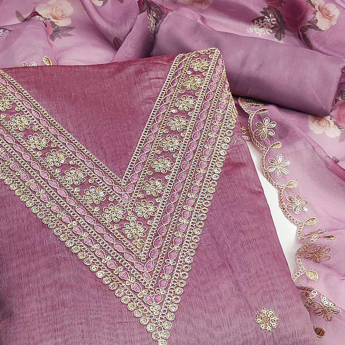 Lilac Purple Floral Cording Embroidery With Sequins Work Chanderi Silk Dress Material