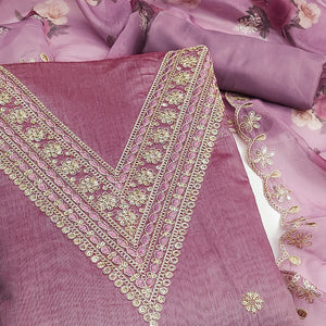 Lilac Purple Floral Cording Embroidery With Sequins Work Chanderi Silk Dress Material