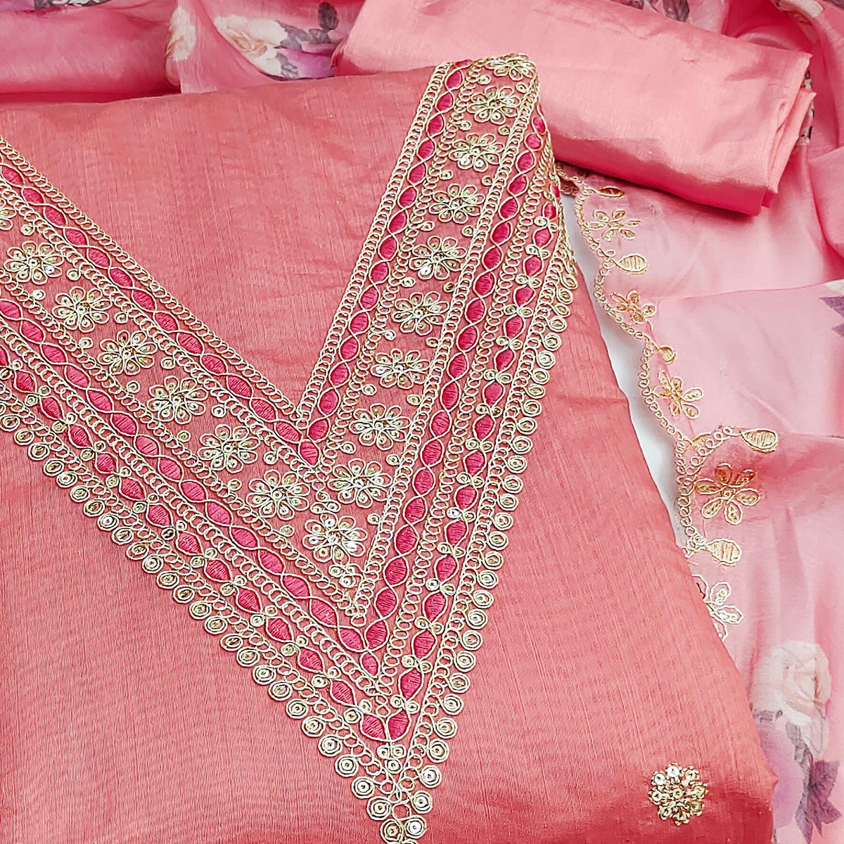 Peach Floral Cording Embroidery With Sequins Work Chanderi Silk Dress Material