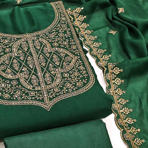 Green Georgette Dress Material With Sparkling Sequins & Zari Floral Embroidery