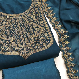 Morpich Blue Georgette Dress Material With Sparkling Sequins & Zari Floral Embroidery