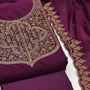 Wine Georgette Dress Material With Sparkling Sequins & Zari Floral Embroidery