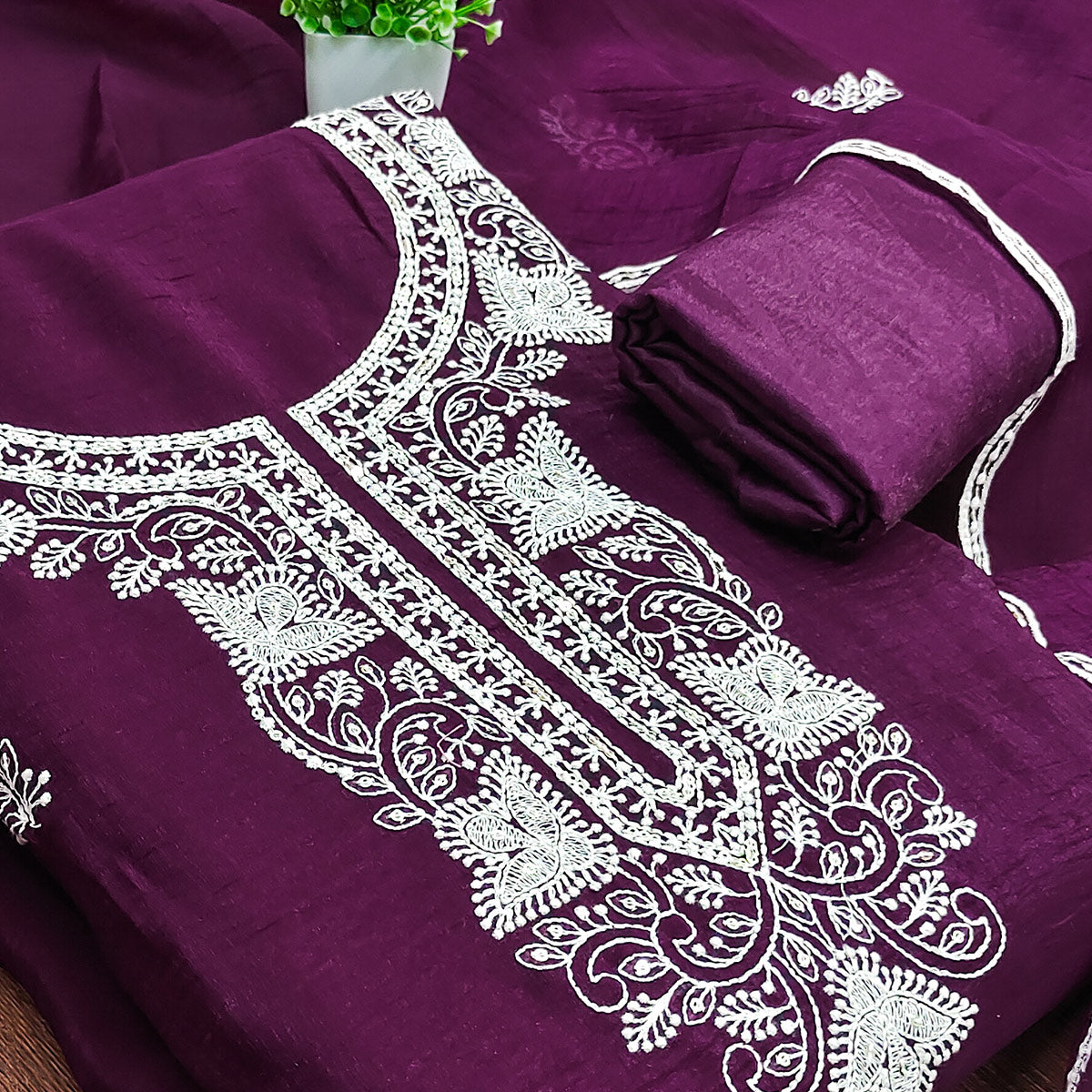 Wine Dress Material With Threaded Floral Embroidery & Sequins on Crunchy Silk Georgette