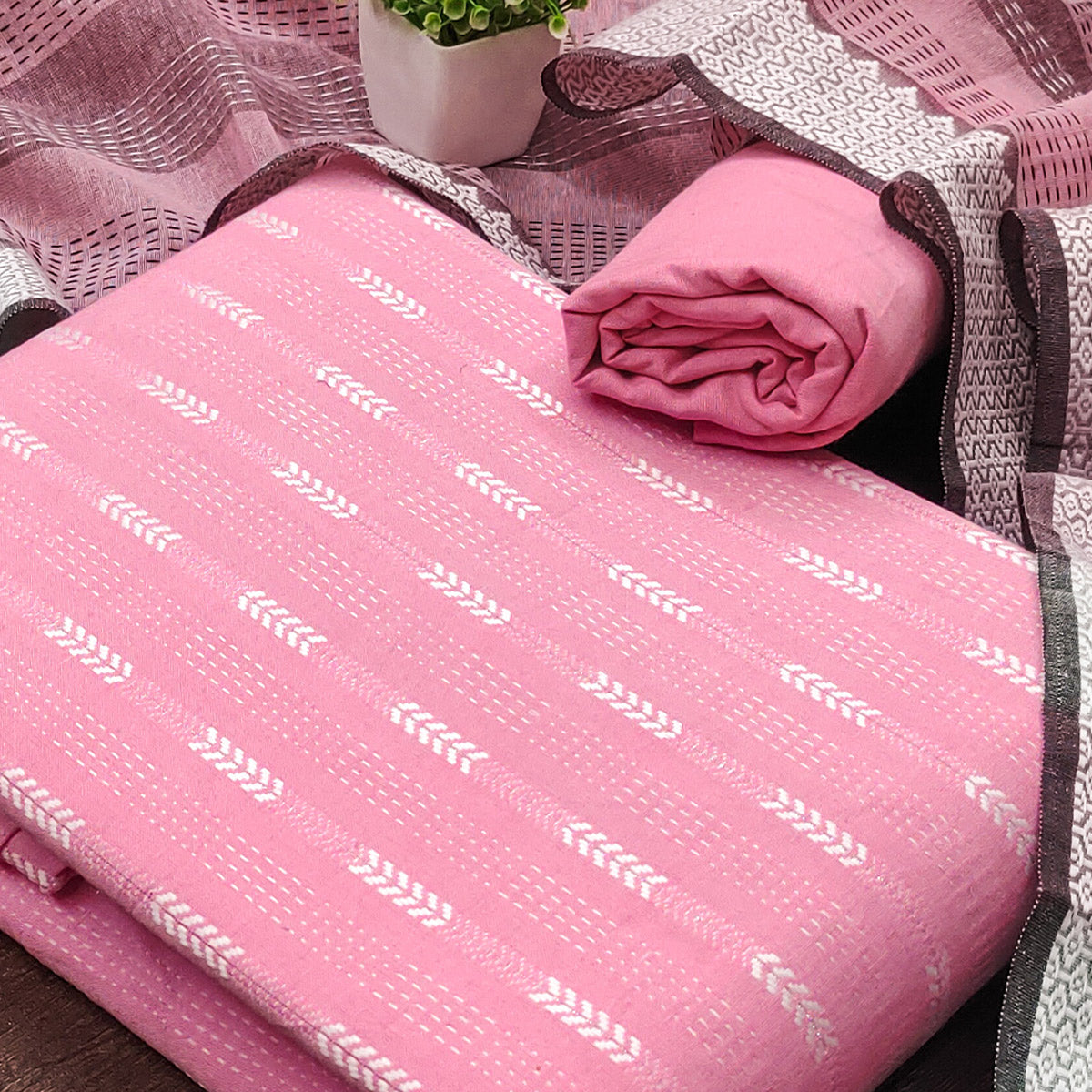 Elegant Pink Woven Texture Dress Material In Poly Cotton Blend