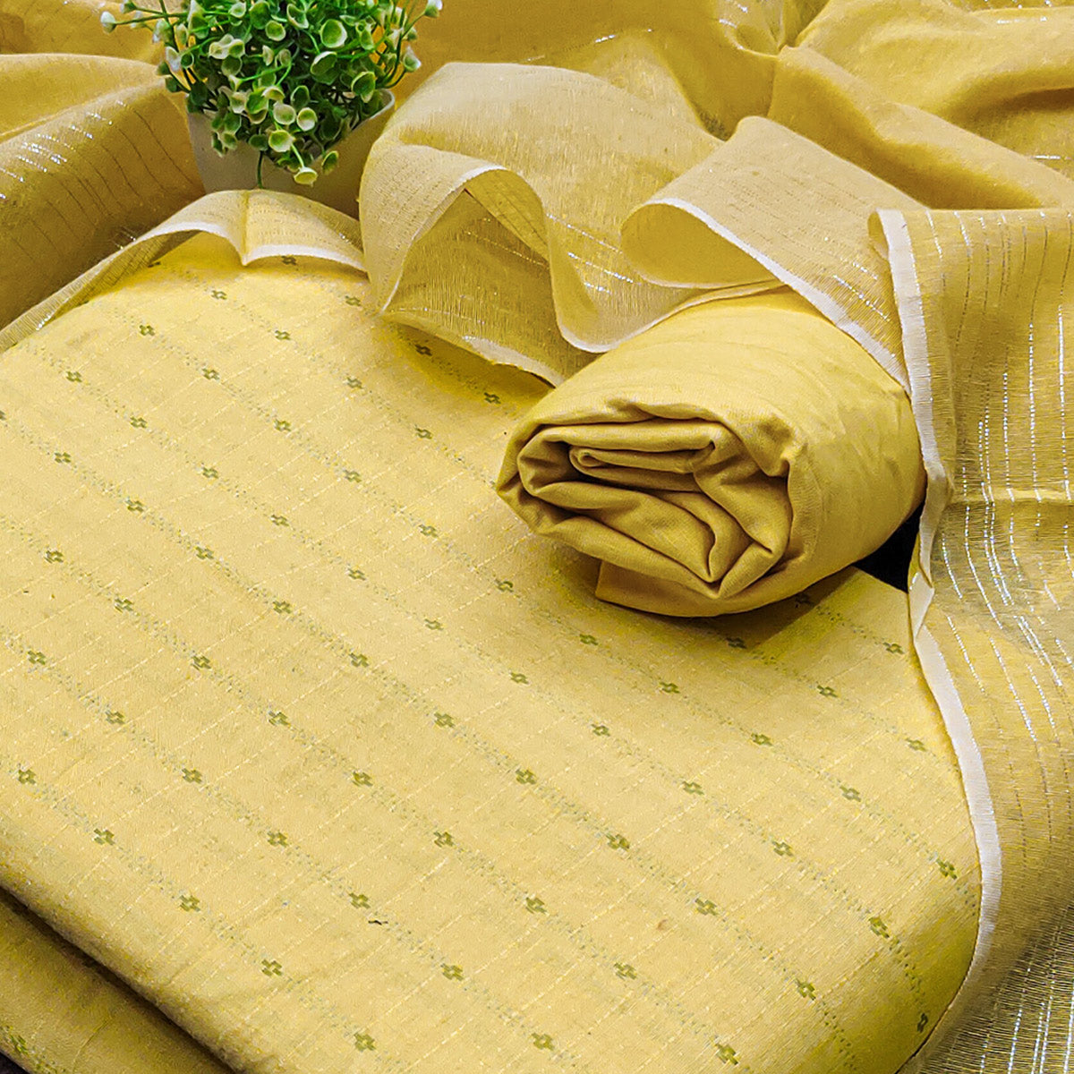 Elegant Yellow Woven Poly Cotton Blend Dress Material
