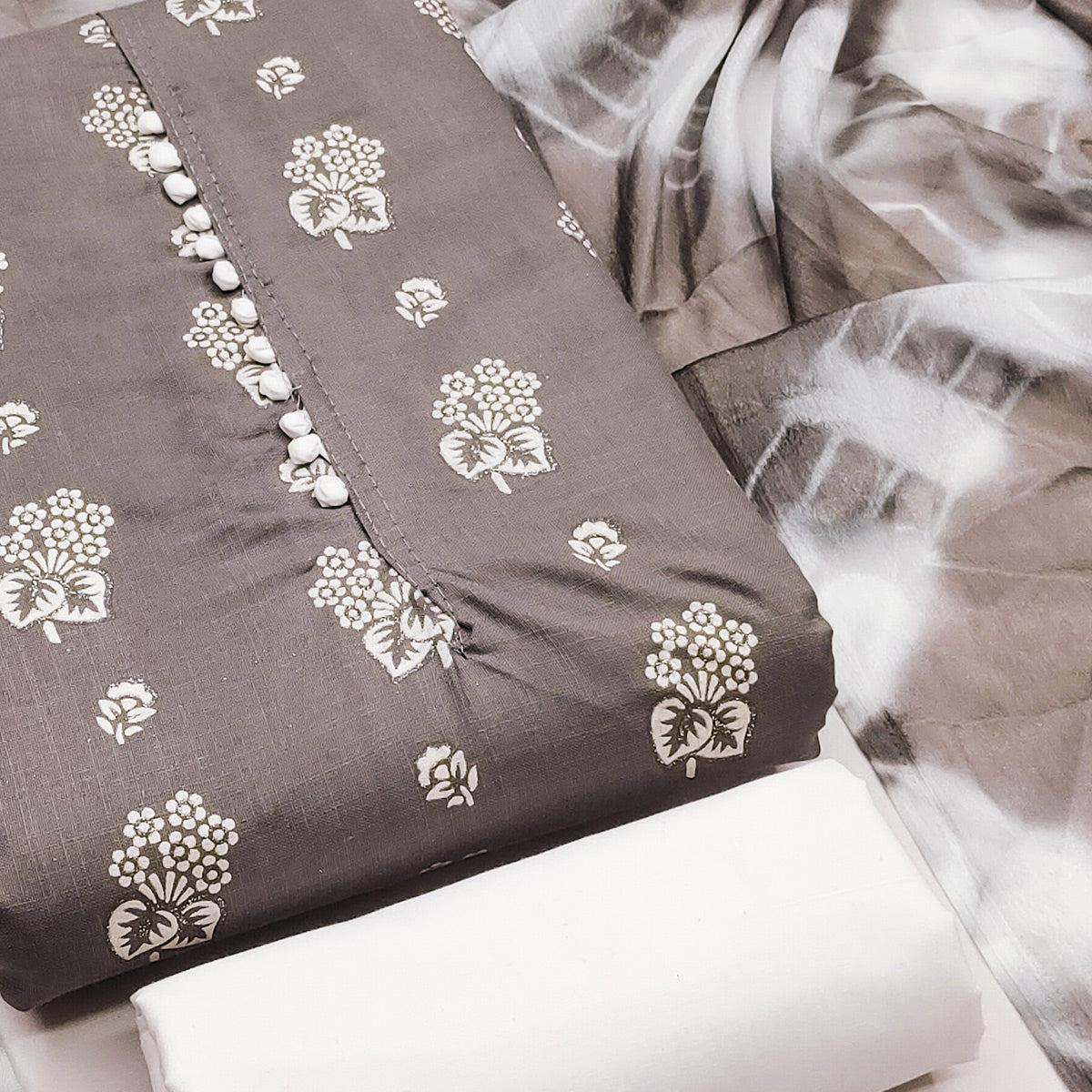Sophisticated Grey Floral Printed Cotton Blend Dress Material