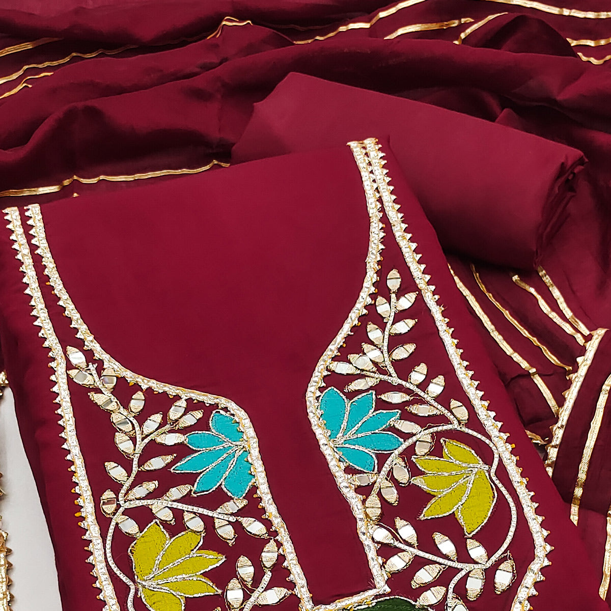 Maroon Floral Embroidery Chanderi Cotton Dress Material Embellished With Mirror & Gota Patti