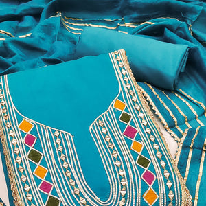 Blue Embroidered Chanderi Cotton Dress Material With Reflective Mirror & Gota Patti Work